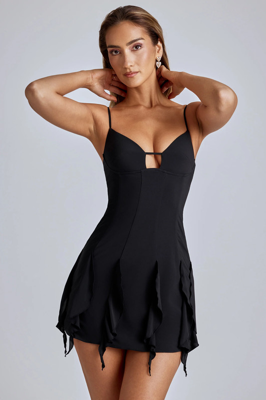 Ruffle Mini Dress in Black - UK Size:16
